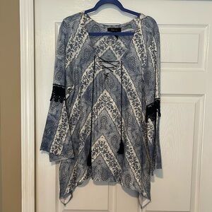 Blue and White Asymmetrical 3/4 Sleeve Blouse